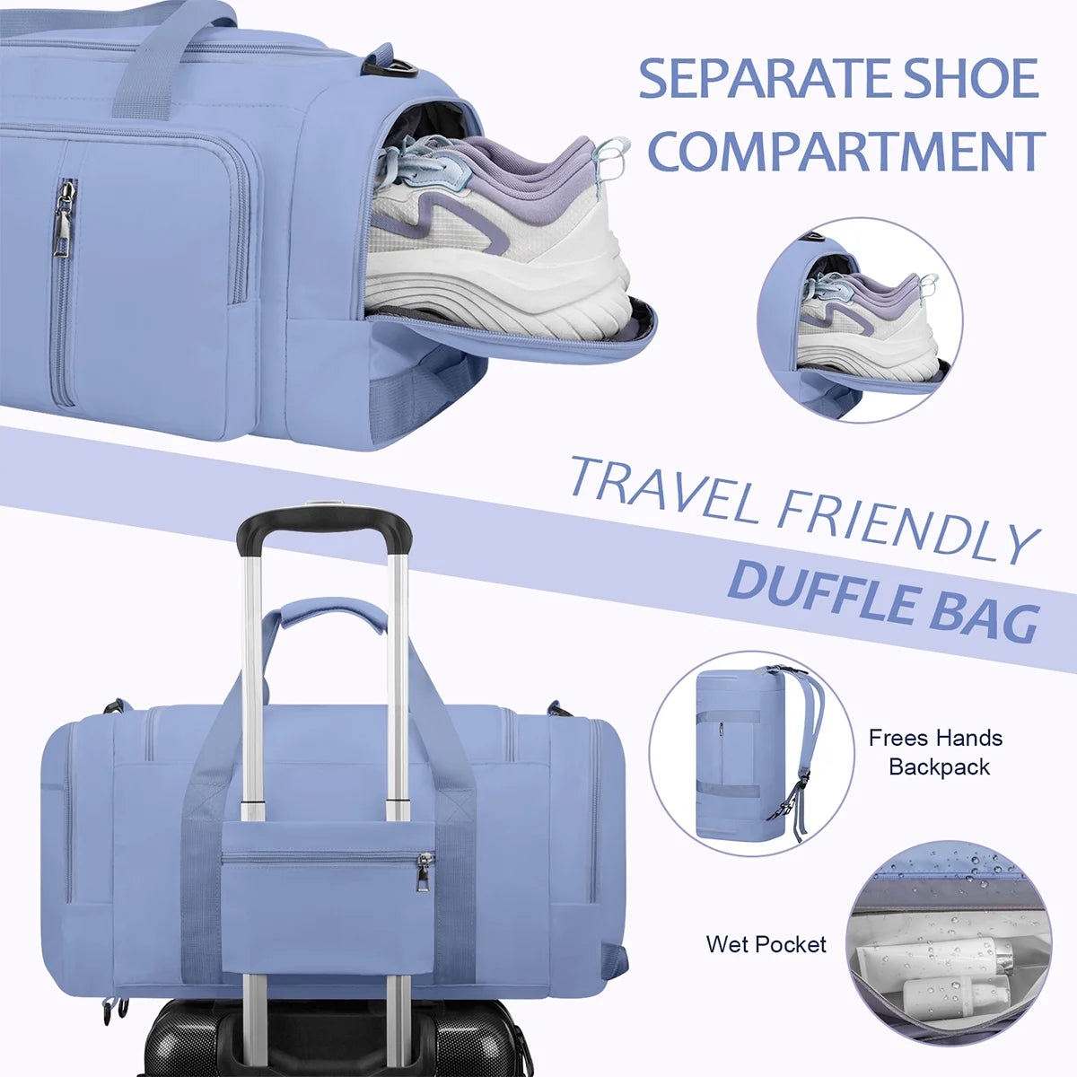 Gym Bag for Men & Women - 40L Convertible Waterproof Travel Duffle Bag & Backpack with Shoe Compartment & Wet Pocket- Multiple Pockets, 3 in 1 Multipurpose Weekender Overnight Bag - Blue