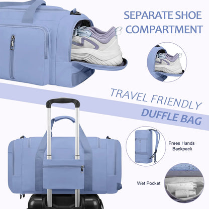 Gym Bag for Men & Women - 40L Convertible Waterproof Travel Duffle Bag & Backpack with Shoe Compartment & Wet Pocket- Multiple Pockets, 3 in 1 Multipurpose Weekender Overnight Bag - Blue