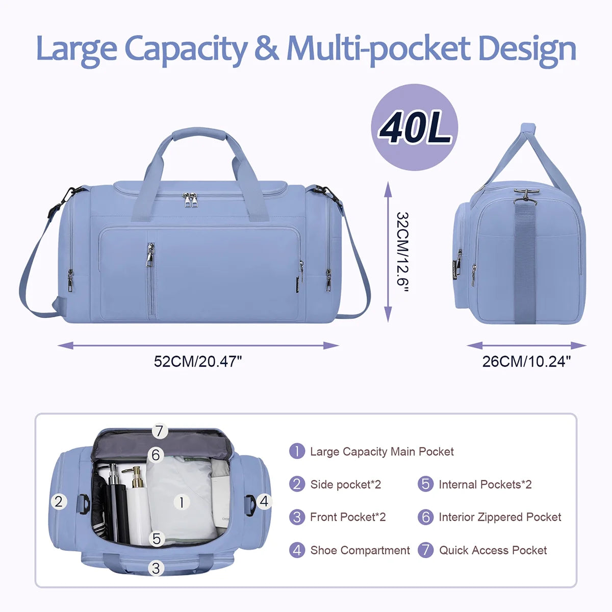 Gym Bag for Men & Women - 40L Convertible Waterproof Travel Duffle Bag & Backpack with Shoe Compartment & Wet Pocket- Multiple Pockets, 3 in 1 Multipurpose Weekender Overnight Bag - Blue