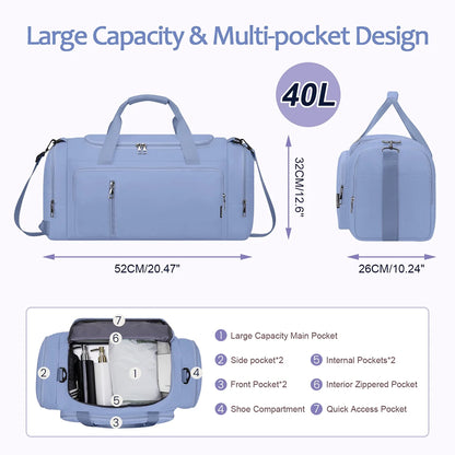 Gym Bag for Men & Women - 40L Convertible Waterproof Travel Duffle Bag & Backpack with Shoe Compartment & Wet Pocket- Multiple Pockets, 3 in 1 Multipurpose Weekender Overnight Bag - Blue